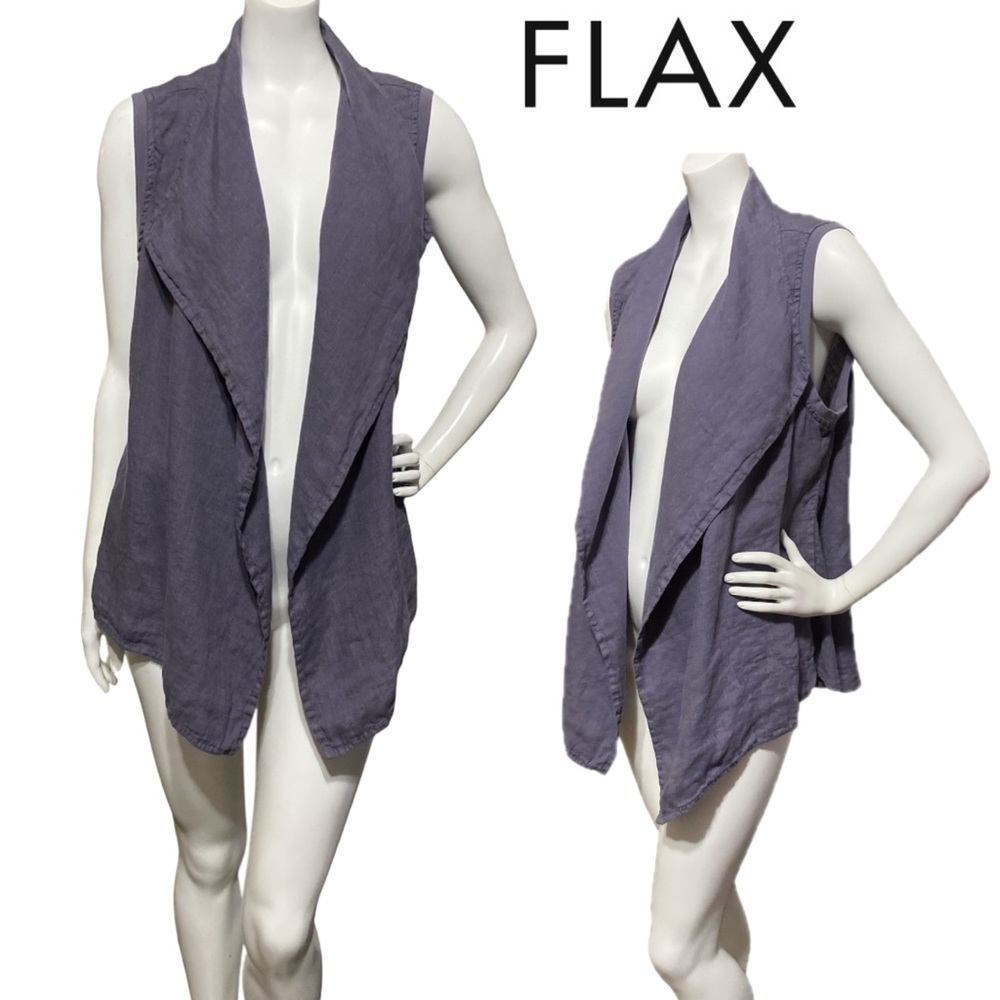 FLAX Linen Gray Open Front Drape Vest Sleeveless Side Pockets Resort Wear Small
